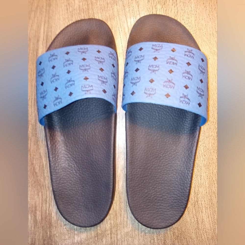 MCM Monogram men's slides sandals made in Italy black & blue sz 45 pre-owned